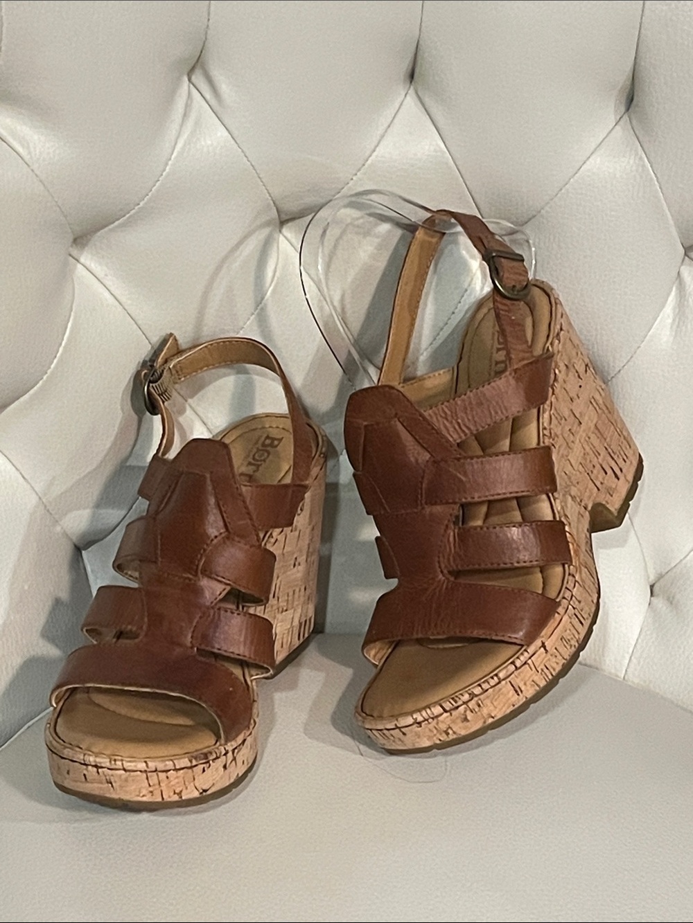 Born Brown Leather Cork Wedge Sandals